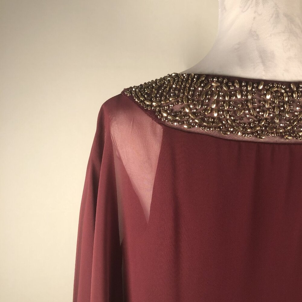 XSCAPE Burgundy Beaded Cape Dress | Elegant Evening Cocktail Dress | Size 12 - Picture 7 of 11